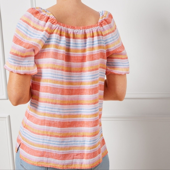 Talbots 100% Linen Palm Stripe Top Sz L Smocked Square Neck Short Sleeve Preppy - Picture 5 of 7
